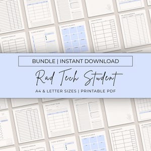 May include: A selection of printable PDF planner pages for a Rad Tech Student. The pages include class schedules, daily study plans, and assignment trackers. The text "BUNDLE | INSTANT DOWNLOAD" and "Rad Tech Student" are displayed in the image.