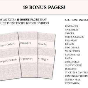 May include: Recipe binder dividers with floral pattern and labels for various categories like "Main Dishes" and "Breakfast." The image includes the text "19 BONUS PAGES!" and a list of sections including "Beverages" and "Desserts."