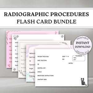 May include: A set of flashcards for radiographic procedures. The cards feature a white background with text and illustrations. The text includes "Radiographic Procedures Flash Card Bundle", "Patient Position", "Central Ray", and "Breathing Instructions". The cards are in pink, white, and light blue.