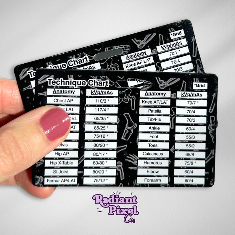 May include: A black rectangular reference card featuring a white printed technique chart for medical imaging. The chart displays columns for anatomy and kVp/mAs values, with a background pattern of white skeletal illustrations and the text Radiant Pixel Co.