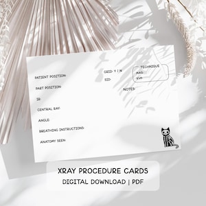 May include: White X-ray procedure cards with black text, including fields for patient position and technique. A skeleton cat illustration is in the corner. The text "XRAY PROCEDURE CARDS DIGITAL DOWNLOAD | PDF" is at the bottom.