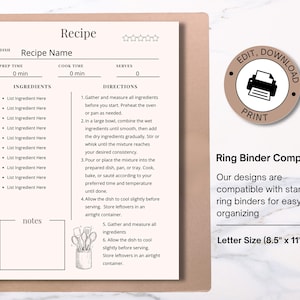 Minimalist Editable Recipe Template, Editable Recipe Binder Kit, Printable Recipe Card, Cookbook Templates PDF + Bonus pages, Edit in Canva image 3