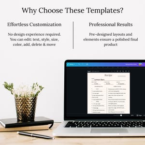 May include: A laptop displaying a recipe template for "Lemon Bars" sits on a wooden desk. The screen shows a recipe with ingredients and instructions. A pen, books, and a gold textured vase with flowers are also on the desk.