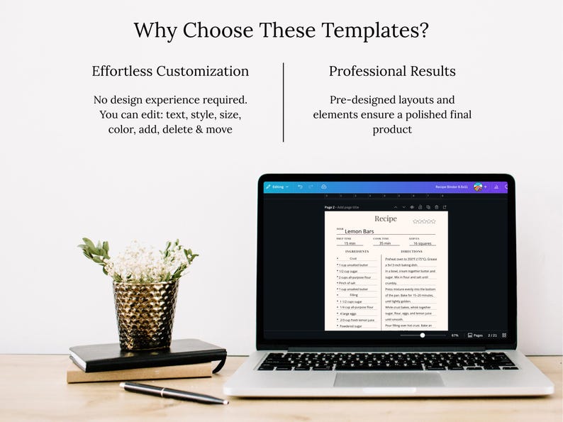 May include: A laptop displaying a recipe template for "Lemon Bars" sits on a wooden desk. The screen shows a recipe with ingredients and instructions. A pen, books, and a gold textured vase with flowers are also on the desk.