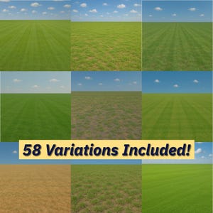 May include: A collection of nine images showcasing various textures of grass fields under a blue sky with scattered clouds. The images display different shades of green and brown grass. Text at the bottom reads "58 Variations Included!"