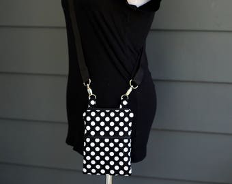 Small Cross Body Zipper Bag - Cell Phone Purse - Small Black and White Polka Dot Bag