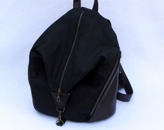 Black Waxed Canvas Backpack - Denver Mini Backpack Black and Brown
