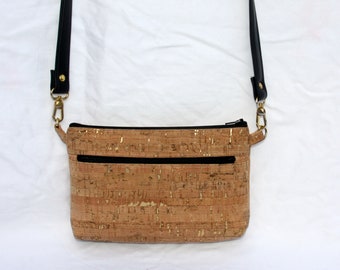 Cork Bag with Gold and Black  - Small Zipper Bag with Cork and Black Vinyl