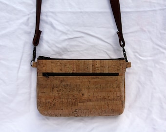 Cork Cross Body Bag - Small Zipper Bag in Natural Cork with Brown Vinyl