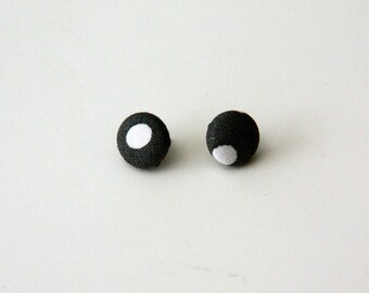 Dark Gray and White Polka Dot Covered Button Earrings