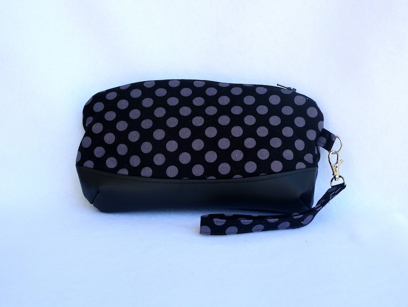 Black and Gray Polka Dot Black Wristlet Clutch with Faux Leather Accent