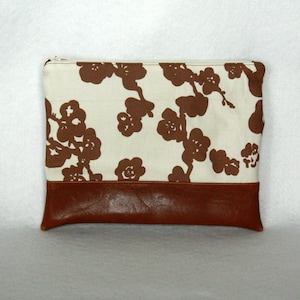 Zipper Pouch with Vinyl Accent - Brown and Cream Floral