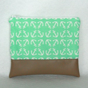 Anchor Print Zipper Pouch with Vinyl Accent - Green and White