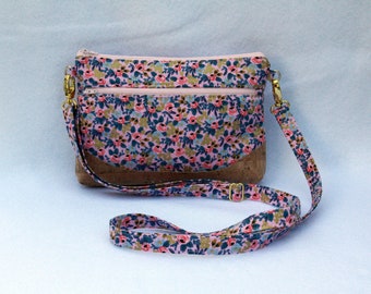 Rifle Paper Floral Print Cross Body Zipper Bag with Cork Accent