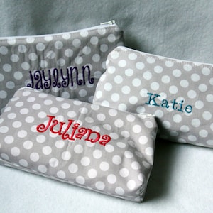 Personalized Zipper Pouch - Gray and White Polka Dot with Embroidery
