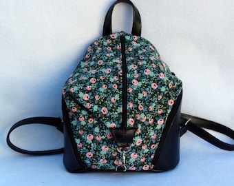 Floral Mini Backpack in Black Vinyl with Rifle Paper Co Cotton - Denver Mini Backpack