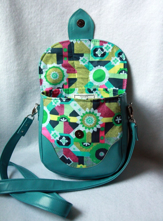 Small Cross Body Bag Teal Vinyl Faux Leather Bag With Amy Butler