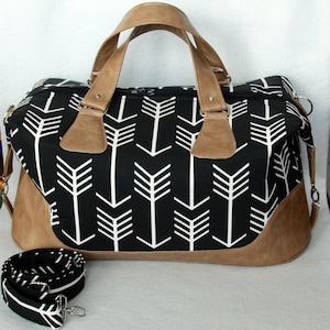 Weekender Bag - Brooklyn Traveler Bag - Duffel / Overnight Bag in Black and White with Tan Vinyl