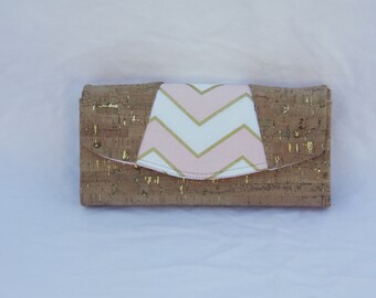 Necessary Clutch Wallet in Gold Cork with Pink and Gold Chevron