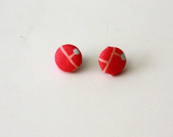 Pink Geometric Cotton Covered Button Earrings