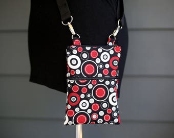 Small Cross Body Zipper Bag - Cell Phone Purse - Black and Red Bag