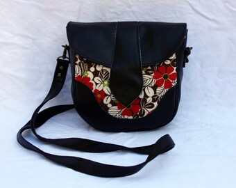 Small Cross Body Bag - Dark Brown Vinyl and Floral Print