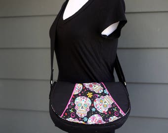 Sugar Skull Saddle Bag - Rosie Crossbody Bag - Day of the Dead - Black and Pink