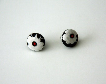 Black and White Floral Covered Button Earrings