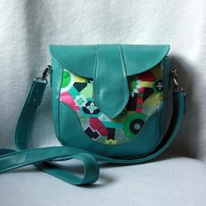 Small Cross Body Bag - Teal Vinyl / Faux Leather Bag with Amy Butler Cotton