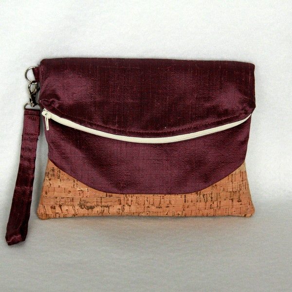 Cork and Silk Foldover Wristlet - Heidi Clutch  in Silk Dupioni with Cork Accent