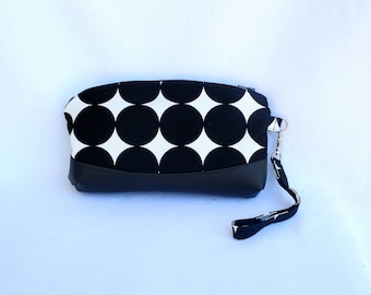 Black and White Wristlet Clutch with Faux Leather Accent - Black and White Polka Dot