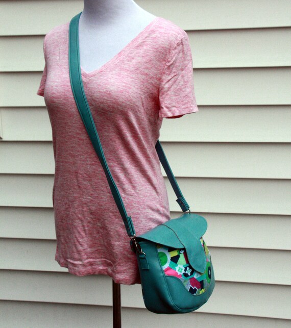 Small Cross Body Bag Teal Vinyl Faux Leather Bag With Amy Butler