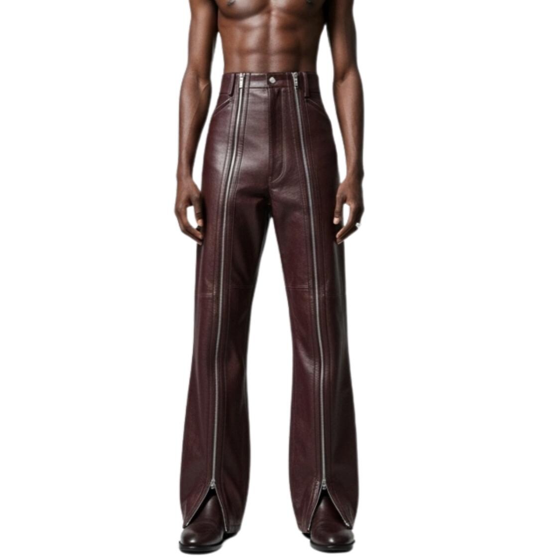 Burgundy Brown Leather Flared Pants Men- Wide Leg Biker Trousers- High Waist Zip Pants- Gothic Pants- Punk Pants- Loose Fit Leather Pants