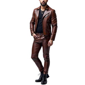 Handmade Men’s Brown Leather Biker Suit- Jacket and Pants- Slim Fit Cosplay Outfit- Motorcycle Leather Wear for Men- Slim Fit Street Style