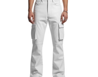 Men&#39;s White Leather Flared Pants- Streetwear Pants- High Waisted Pants- Modern Fit White Biker Pant- Minimalist Pants- Minimalist Pants