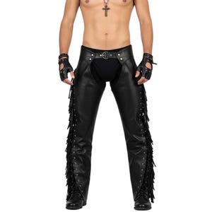 Men’s Black Leather Fringe Chaps – Biker Festival Cowboy Pants- Open Back Biker Pants- Gothic Leather Chaps– Festival & Clubwear Outfit