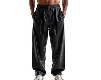 Handmade Men&#39;s Leather Loose Pants - Leather Casual PANTS - Wide-Leg Luxury Trousers - Streetwear Genuine Leather Trousers - Gift For Him
