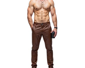 Brown Leather Pants Men Slim Fit- Coffee Leather Trousers- Men’s Streetwear Skinny Fit Pants- Men’s Modern Fit Trousers- Gift For Him