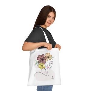 Floral Face Cotton Tote Bag, Eco-Friendly Grocery Bag, Modern Art Tote, Gift for Her, Boho Style Shopping Bag, Flower Design