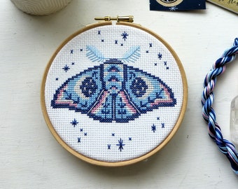 Magic Moth Cross stitch kit. Modern easy cross stitch pattern. DIY Cosmic Hoop art. Mindful craft project. Magical Gift.