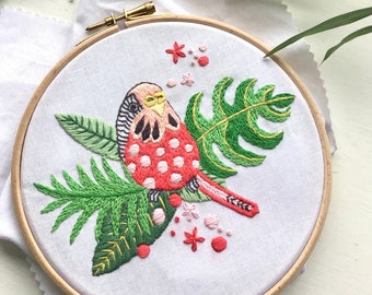 Tropical Budgie PDF Pattern. Budgerigar and tropical leaf foliage. Botanical leaves and exotic bird embroidery pattern. DIY hoop art