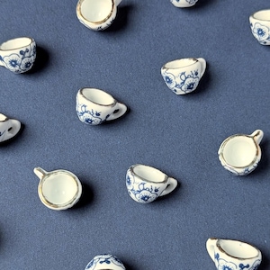 2pcs mini teacup pendants with gold rim, 1.8cm blue ceramic charms for jewelry making