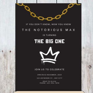 Notorious BIG One Birthday Invitation, 1er anniversaire Hip Hop Party inviter, modèle de toile modifiable thème rap, téléchargement numérique