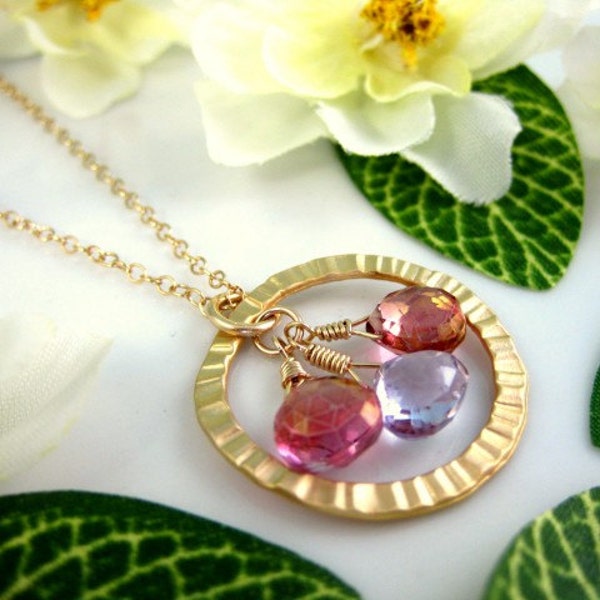 Gold orbital necklace with pink quartz and pink amethyst drops