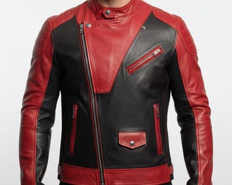 Chaqueta de cuero hecha a mano en rojo y negro estilo motero / Chaqueta de moto para hombre