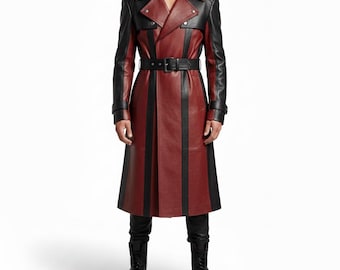 Gabardina larga de cuero rojo y negro para hombre, hecha a mano, estilo steampunk para cosplay.