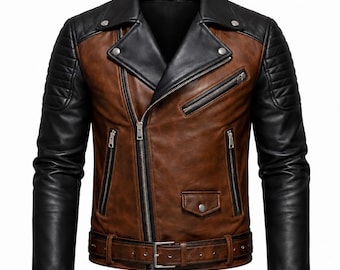Chaqueta de motociclista de cuero bicolor hecha a mano / Chaqueta de moto marrón y negra