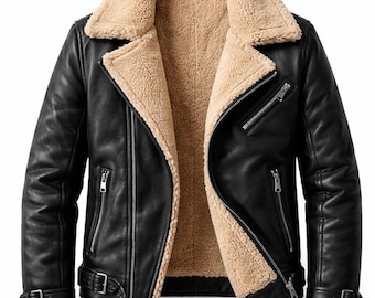 Handmade Men's Black & fur Leather Motorcycle Jacket, Biker jacket Men