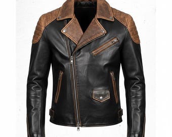 Chaqueta de motociclista de cuero bicolor hecha a mano / Chaqueta de moto marrón y negra