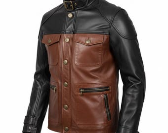 Handmade Leather Biker Jacket Black & Brown Motorcycle Jacket